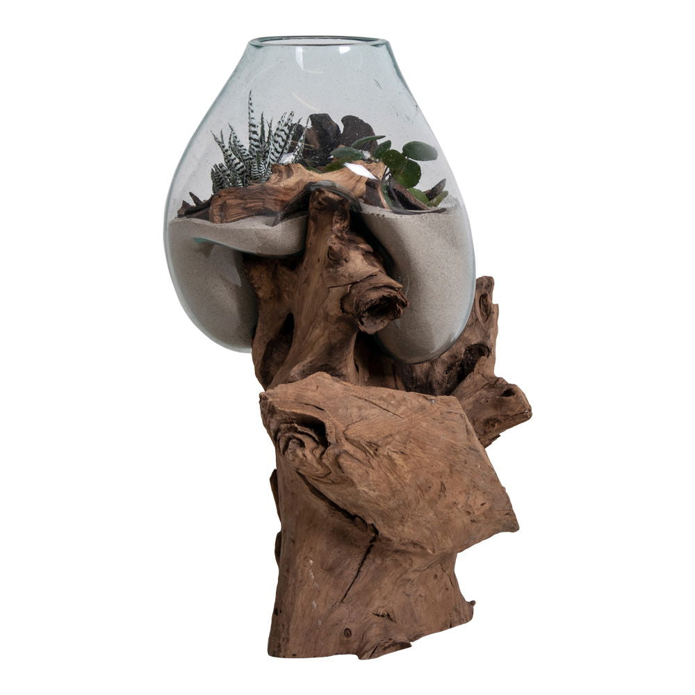 Glasobjekt auf Teakholz, natur, H50 cm